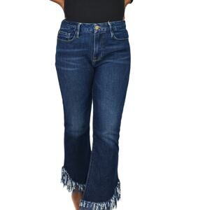 Frame Le Crop Mini Boot Jeans Blue Mid Rise Stretch Shredded Fringe Hem Size 29